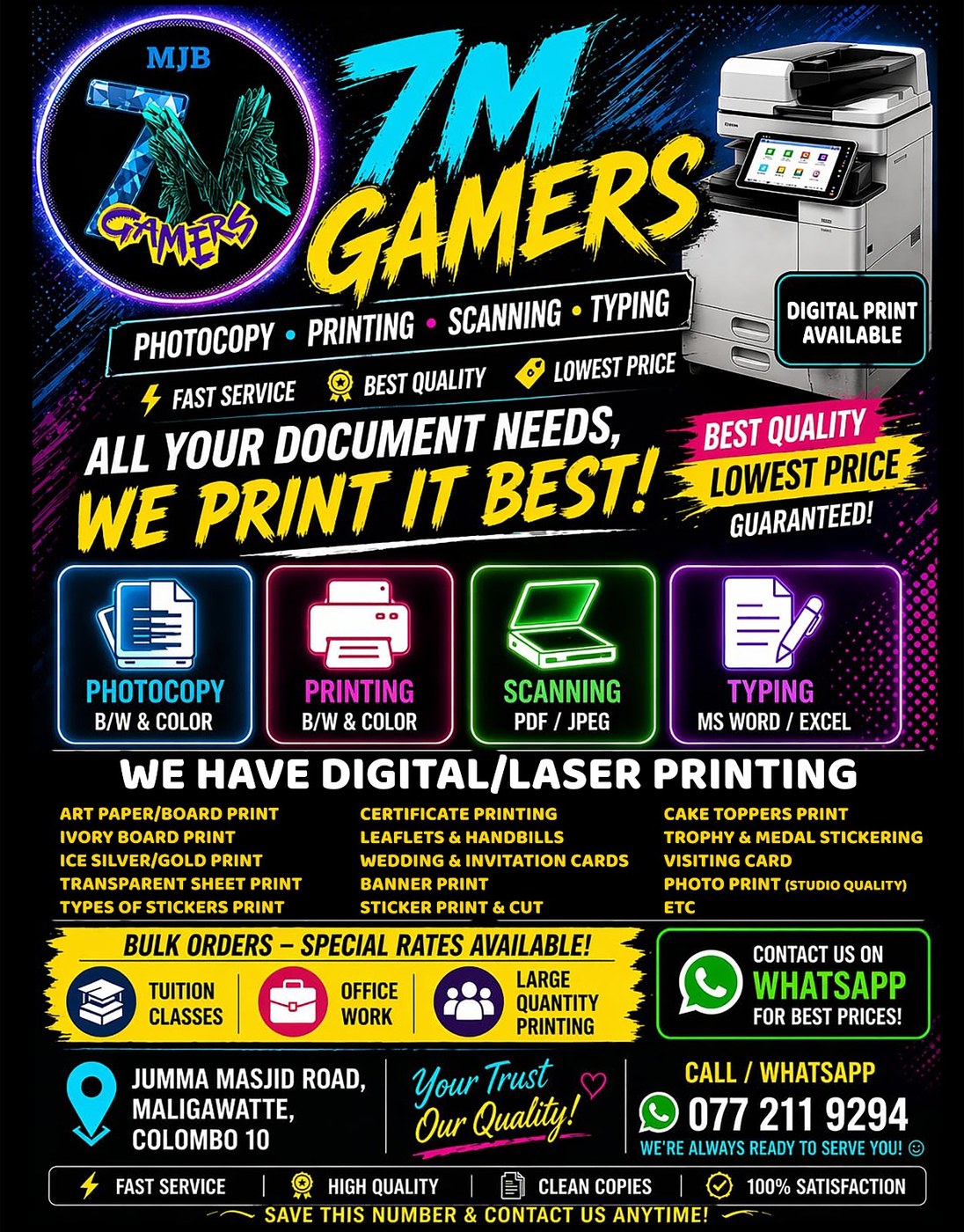 7M Gamers photocopy, printing, scanning, and typing services